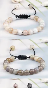 Bracelet en perles d'agate striée avec cordon tissé réglable pour hommes et femmes.