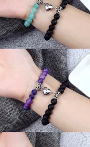 Ensemble de bracelets de couple magnétiques cœur, perles de lave et agate noire.