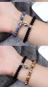 Magnetic couples bracelet detail showcasing 6mm natural stone beads and attractive connection.