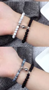 Detailed view of the 6mm magnetic couple bracelets featuring natural stone and lava rock.