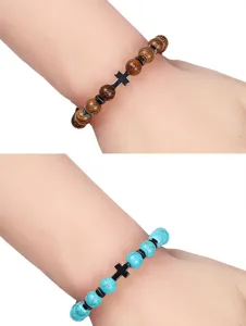 Kruis kraal armband set met hout en turkoois stijl stenen voor mannen vrouwen yoga dagelijks.