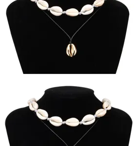 Natürliche Muschel Choker Halskette und Anhänger Set mit schwarzer Kordel für Frauen elegant.
