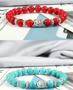 Perlenarmband mit Buddha Kopf, farbige Schmuckperlen Elastisch Armreif Damen Herren.