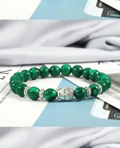 Natürlicher grüner Perlenarmband mit silbernem Buddha Kopf und Metallspacern für Damen und Herren