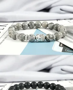 Naturstein Perlenarmband mit Legierungsabstandshalter und Buddha Kopf Anhänger Yoga Schmuck.