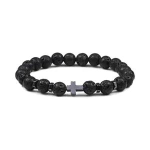 Vintage Steen Kruis Energie Kralen Armband Mode Unisex Lava Rots Tijgeroog Volleybal Yoga Stretching Streng Elastisch Bedel Sieraden Polsband Cadeau