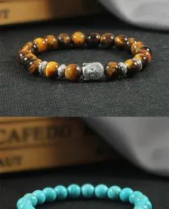 Edelstein Perlen Armband Tigerauge Türkis Buddha Kopf Legierung Abstandhalter Schmuck