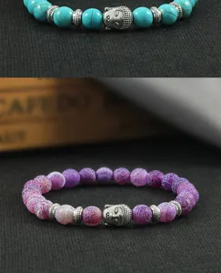 Türkis und lila rissige Achat Perlenarmbänder mit Silberlegierung Buddha Kopf Anhängern.