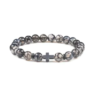 Natuurlijke agaat kraal armband met een zwart kruis hanger voor mannen yoga stijl.
