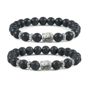 Schwarze Lava-Stein und matte Achat Perlenarmbänder Set mit Silber Buddha Kopf und Metall