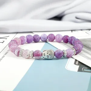 Lila rissiger Achat Perlen Armband mit silbernem Buddha Kopf Anhänger, spiritueller Schmuck.