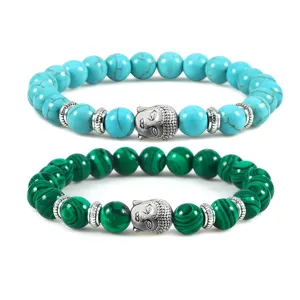 Türkis und Malachit Perlenarmbänder mit Legierung Buddha Kopf Anhängern und Abstandshaltern.