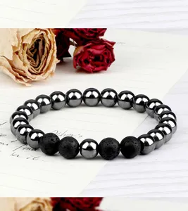 Bracelet de perles en hématite et pierre de lave noire extensible pour bijoux de mode.