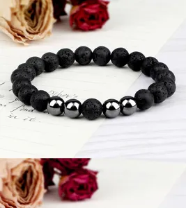 Bracelet extensible en perles de pierre de lave noire et hématite métallique bijoux mode