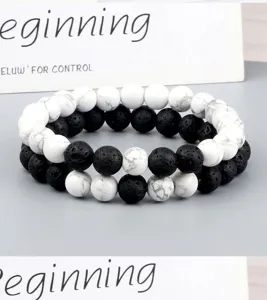Ensemble de bracelet de perles de lave noire et pierre blanche 8mm bijoux élastiques