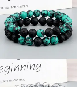 Ensemble de bracelets en perles de lave turquoise et pierre noire, bijoux elastiques.