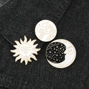 Set de pines esmaltados de sol luna ola negro y blanco, elegante broche de aleación.