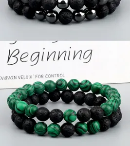 Ensemble de bracelets de perles multicouches en pierre de lave noire et perles vertes