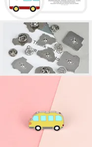 Mini creative cartoon car enamel pin, alloy bus brooch badge for kids and fashion wear.