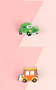 Cute cartoon car enamel brooch pin set, mini alloy vehicle badge for kids, aesthetic decor.