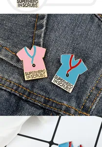 Medical scrub enamel pin close-up view, creative stethoscope clothing badge detail shot.