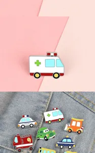 Cute cartoon car enamel pin set, mini alloy brooch badges for kids and fashion apparel accessories.