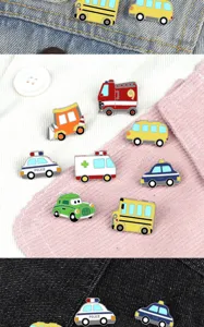 Cute cartoon car enamel pins set, mini alloy vehicle brooches for kids clothing decoration.