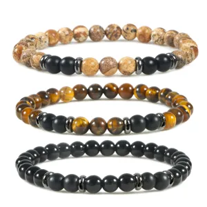 Natuursteen Elastische Kralen Armband Minimalistisch Gepolijst Rond Tijgeroog Turkoois Legering Afstandhouder Yoga Bedelarmband Unisex Sieraden