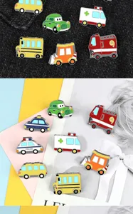 Cute cartoon car enamel pins set, mini vehicle brooch badges for kids and daily outfit decor.