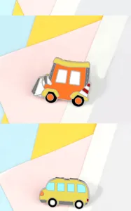 Cute cartoon car shaped alloy brooch pin detail, enamel badge decoration for clothes.