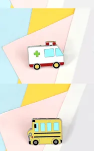 Cute cartoon ambulance and school bus enamel brooch pins, alloy creative badge decorations.