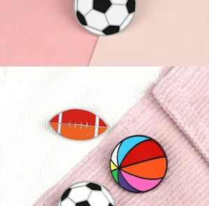 Cute sports metal enamel lapel pins featuring soccer rugby and colorful ball designs.