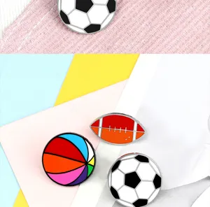 Alloy sports enamel pins set featuring soccer and rugby balls, perfect for denim and bags.