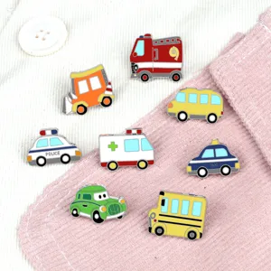 Cartoon car enamel pins set, cute mini vehicle brooches for kids, lovely backpack badges.