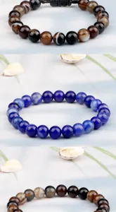Bracelet en perles de pierres précieuses en agate rayée naturelle détail multicolore