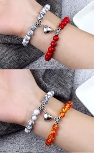 Ensemble de bracelets de perles en pierre de couple magnétique, bijoux cœur assortis.