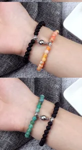 Magnetic couple bracelets with black lava stone and colorful agate beads for men and women.