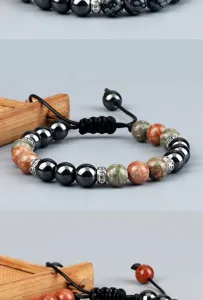 Hematiet yoga edelsteen kraal armband met verstelbaar gevlochten touw voor koppels.