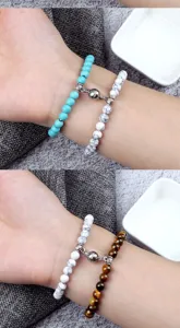Magnetic couple bracelet set with 6mm natural stone beads, matching magnetic clasp design.