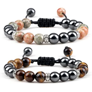 Handgemaakte Hematiet Gevlochten Armband Natuursteen Yoga Kralen Verstelbare Touw Sieraden Voor Vrouwen Mannen Legering Charm Armband