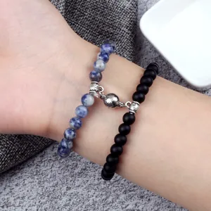 Magnetic couple bracelet 6mm sodalite and black lava stone bead set for daily wear gifts