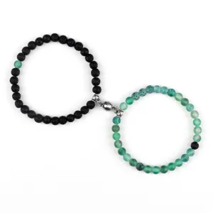 Couples magnetic attraction beaded bracelet set with lava stone and green agate beads.