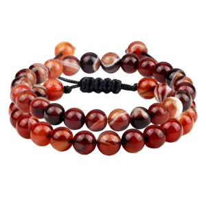 Magnifique bracelet de couple tressé réglable en perles d'agate rouge naturelle chic.