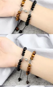Magnetic couple bracelet set with tiger eye and black stone beads, handmade braided rope.