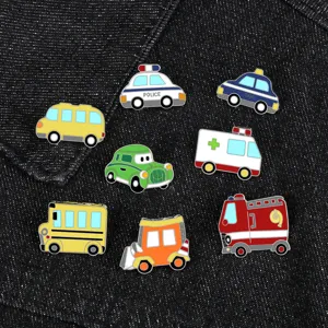 Cute cartoon car enamel pins set, mini alloy brooch badges for kids clothing and accessories decor.