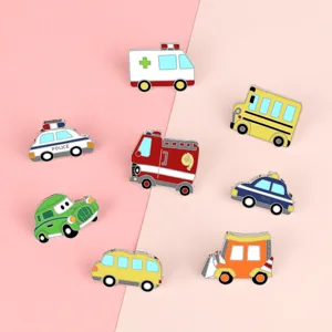 Cartoon car enamel pins set, cute alloy brooches for kids clothes and backpack decoration.