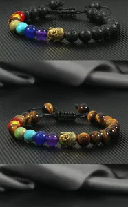 Buddha head chakra beaded bracelet detail view showing natural stones and adjustable braided cord.
