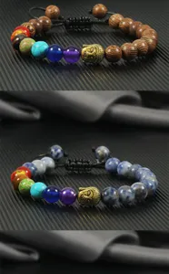Chakra beaded bracelet with golden Buddha head charm, handmade woven adjustable rope jewelry.
