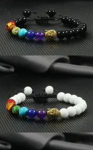 Couple braided bracelet with gold Buddha head and 8mm chakra beads, black and white set.