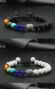Details of black white couple braided stone bracelets with 8mm round beads and silver Buddha charm.